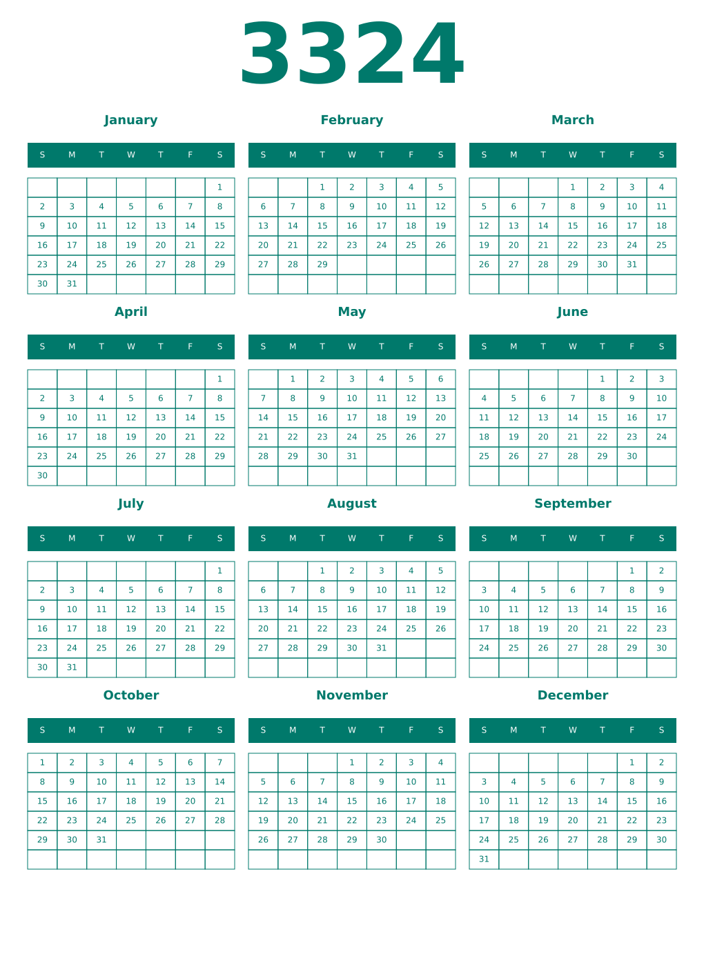 Printable 3324 Year Calendars pastel
