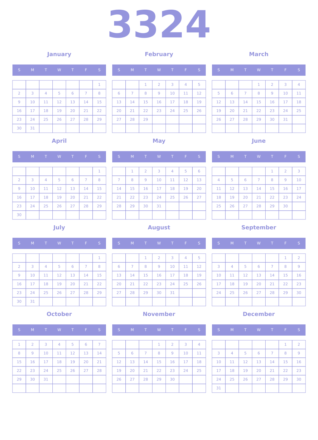 Printable 3324 Year Calendars periwinkle