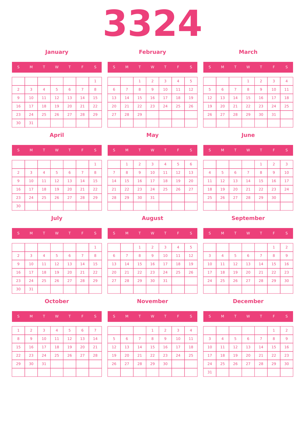 Printable 3324 Year Calendars pink