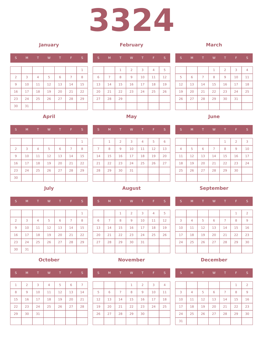Printable 3324 Year Calendars puce