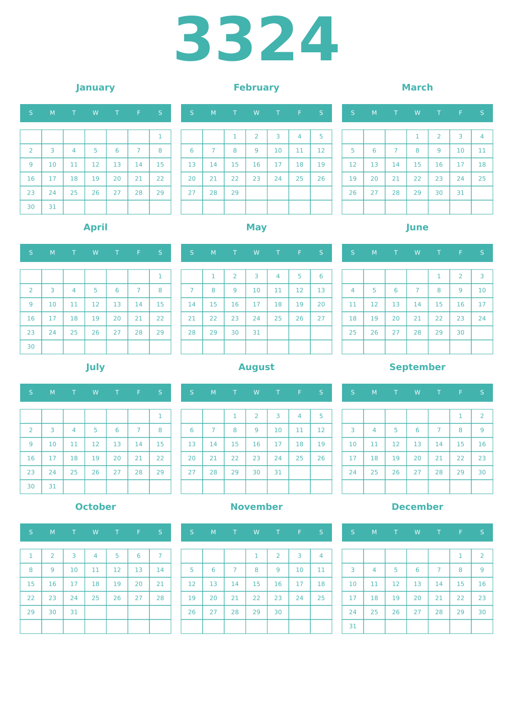 Printable 3324 Year Calendars verdigris