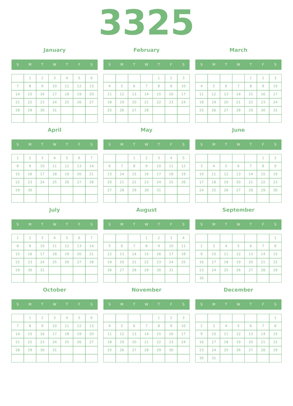 Printable 3325 Year Calendars celadon