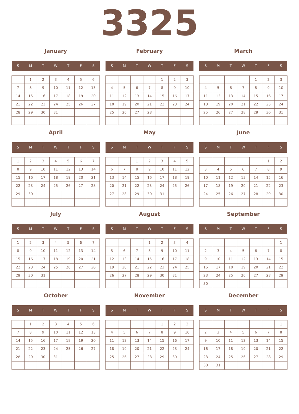 Printable 3325 Year Calendars coffe