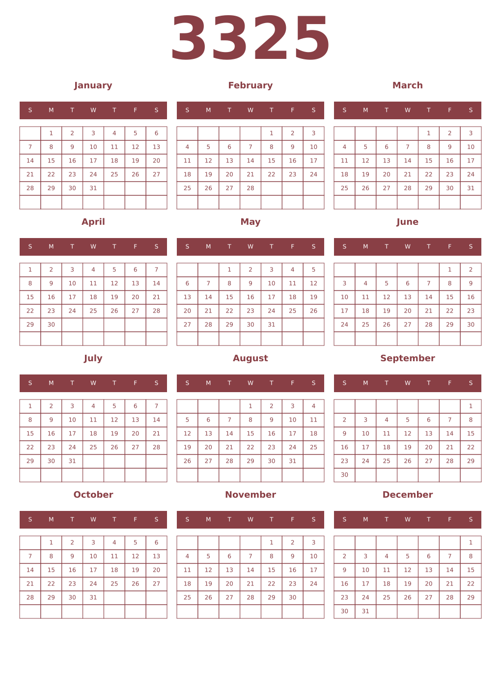 Printable 3325 Year Calendars cordovan