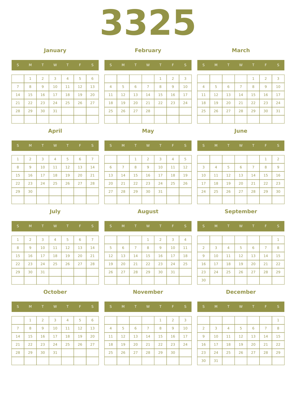 Printable 3325 Year Calendars eburnean