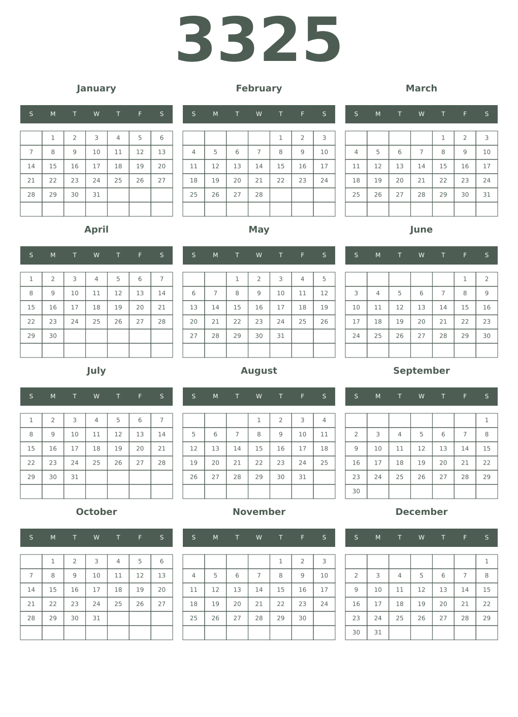 Printable 3325 Year Calendars feldgrau