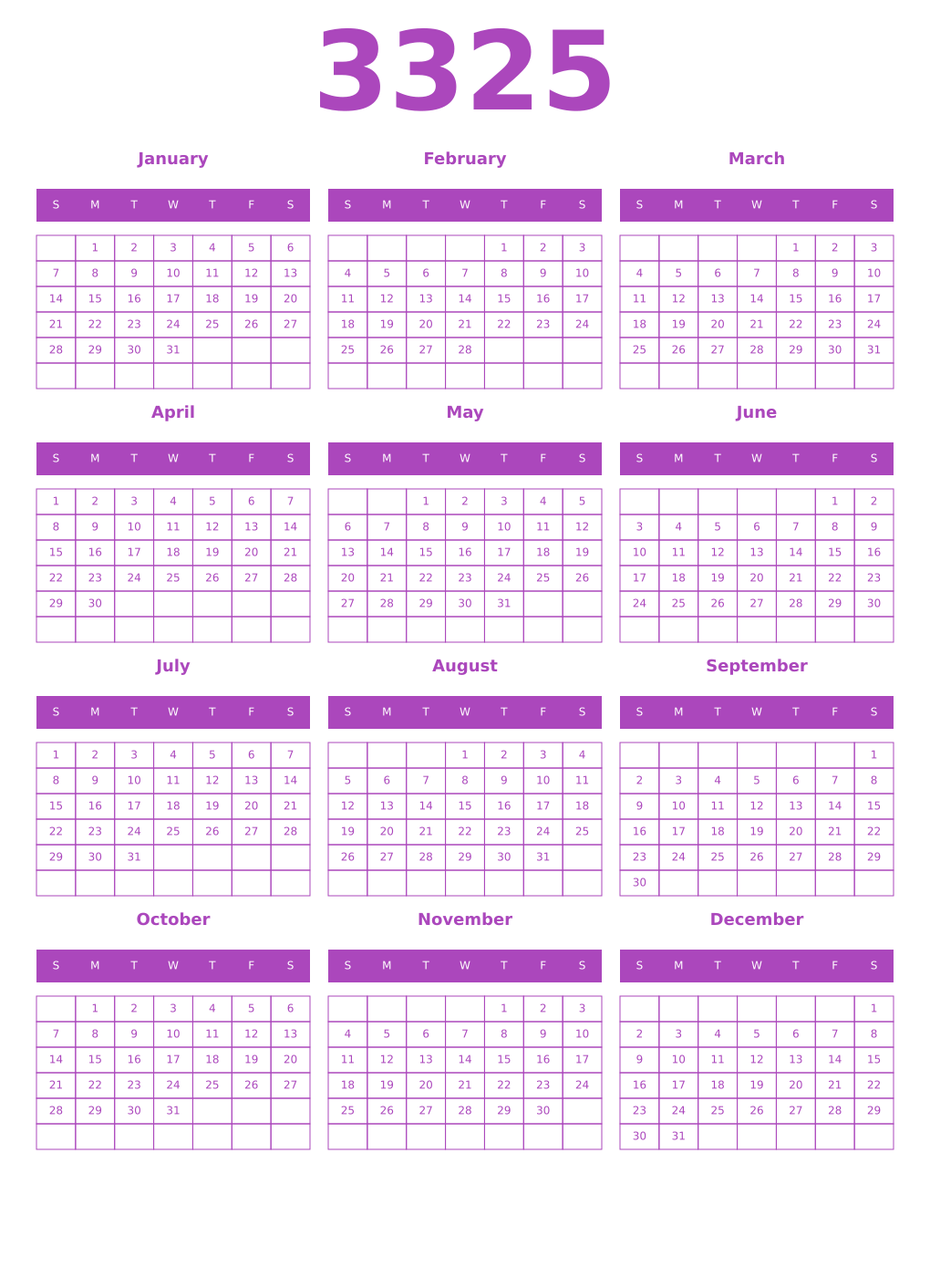 Printable 3325 Year Calendars purple