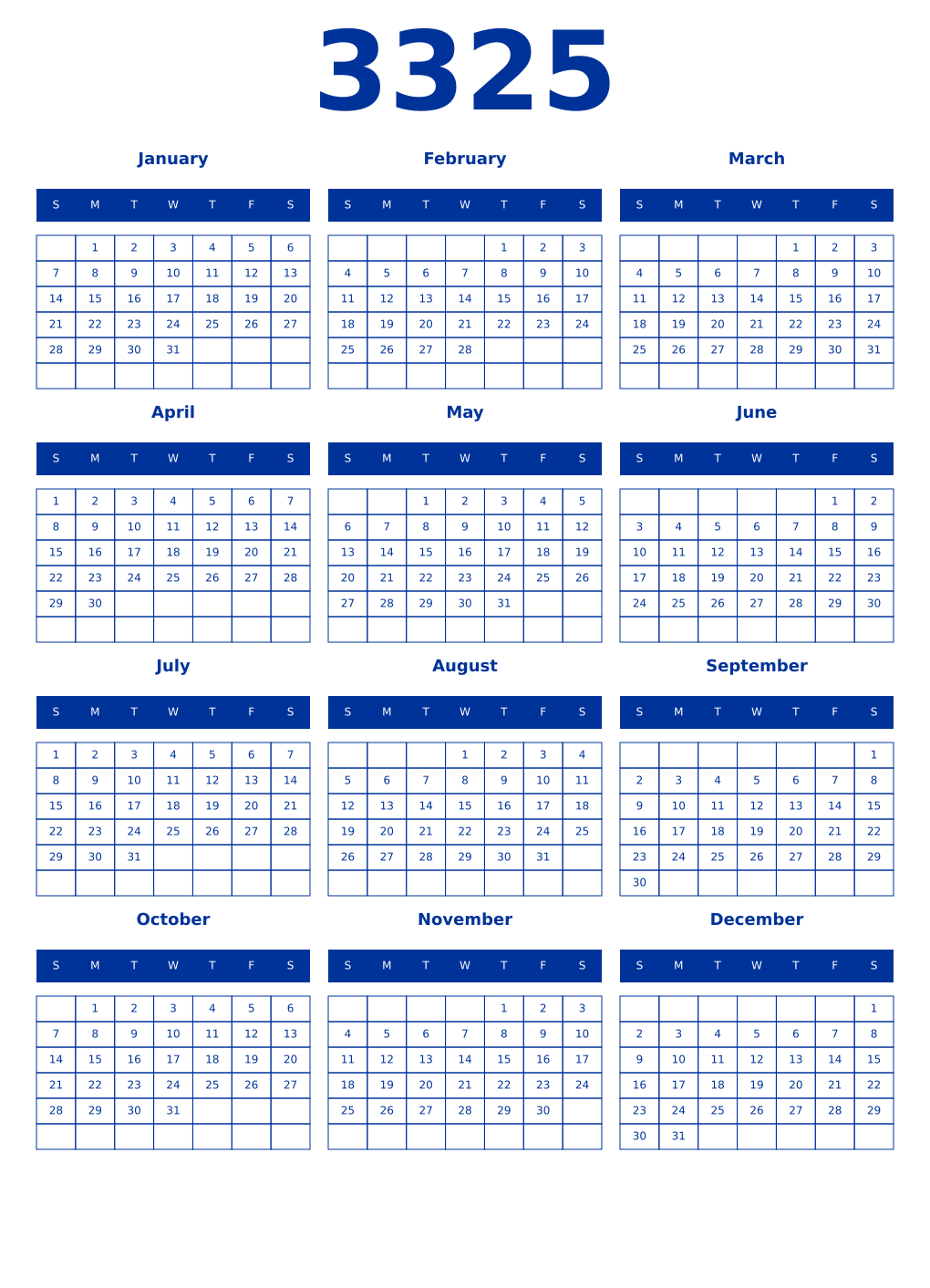 Printable 3325 Year Calendars smalt