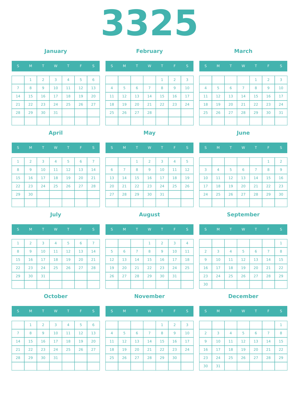 Printable 3325 Year Calendars verdigris