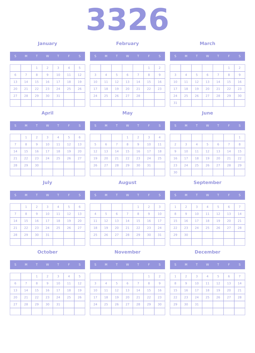 Printable 3326 Year Calendars periwinkle