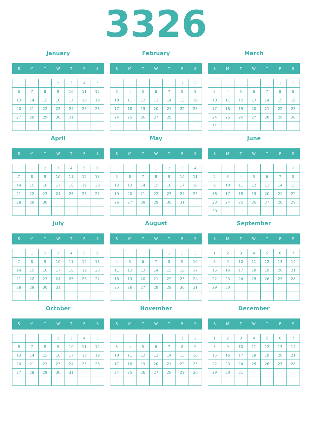 Printable 3326 Year Calendars verdigris