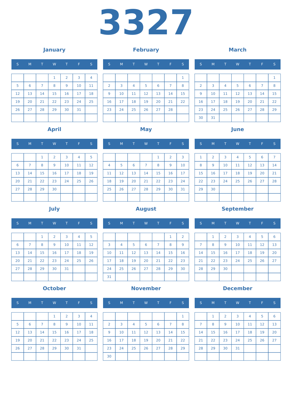 Printable 3327 Year Calendars blue