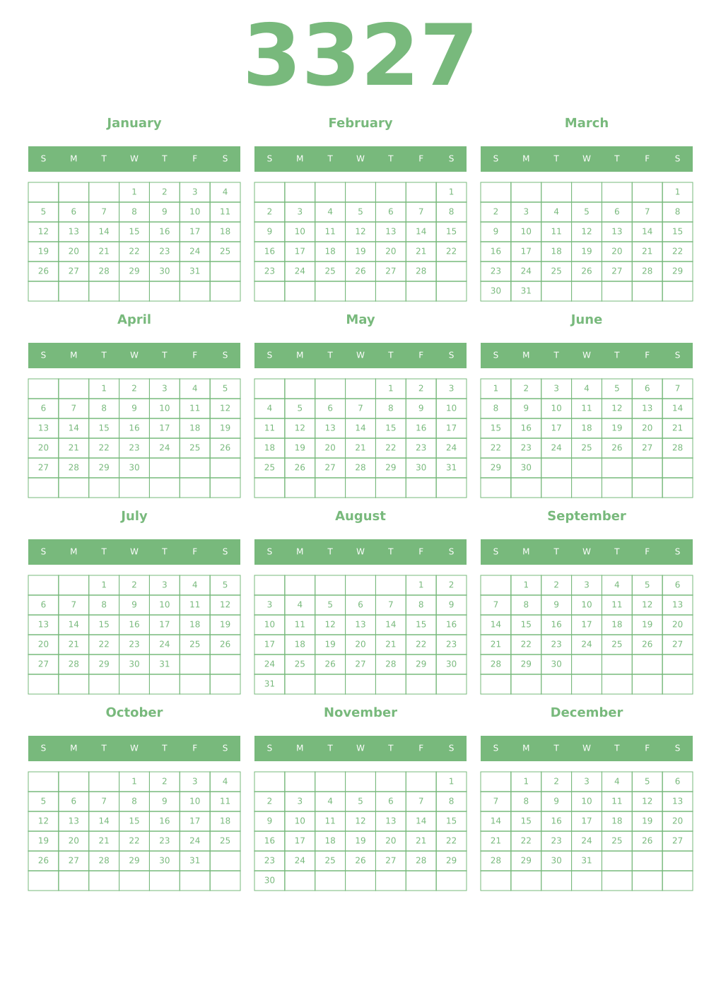Printable 3327 Year Calendars celadon