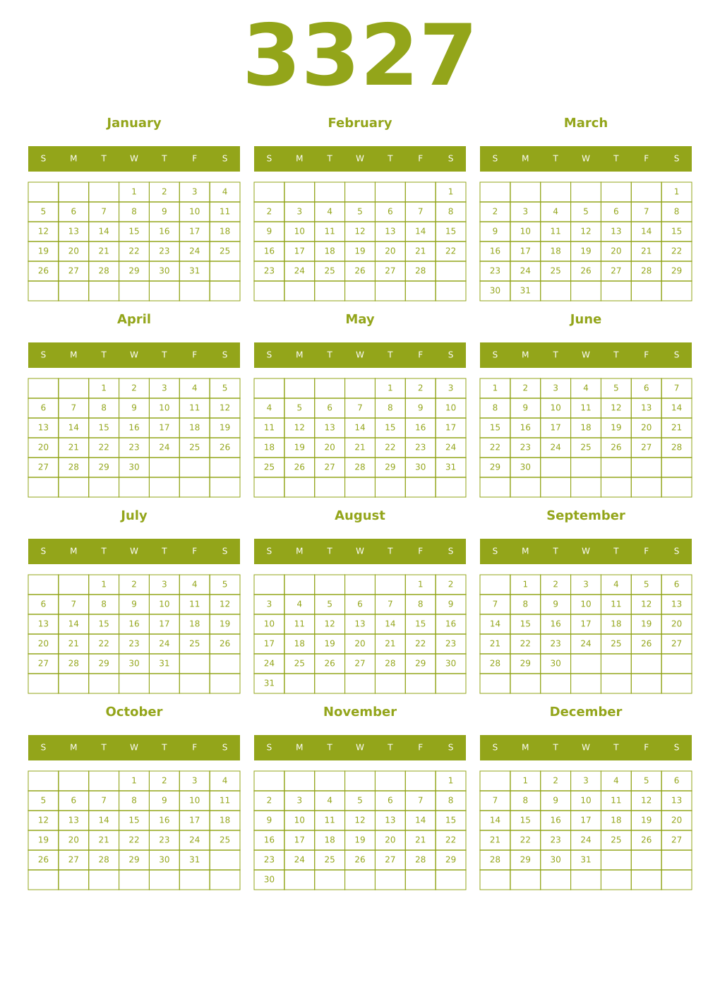 Printable 3327 Year Calendars chartreuse