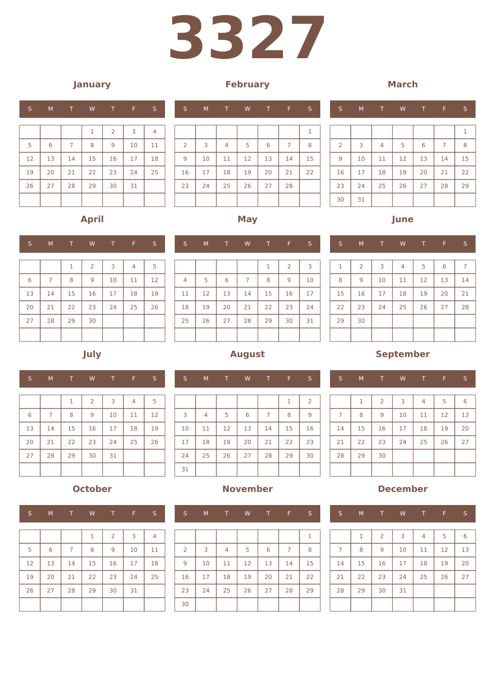 Printable 3327 Year Calendars coffe