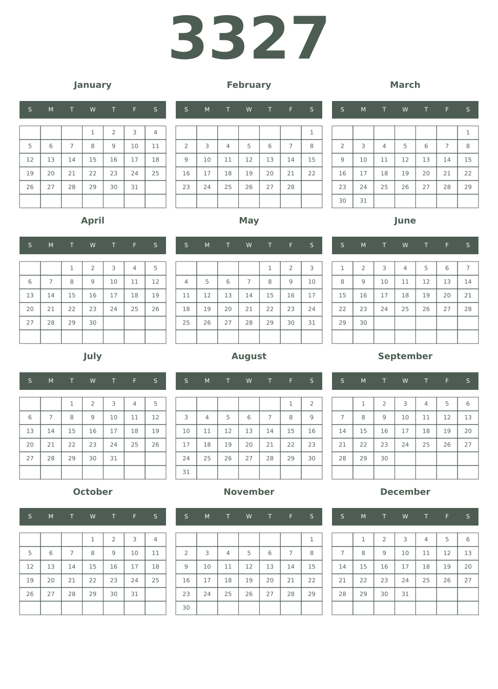 Printable 3327 Year Calendars feldgrau