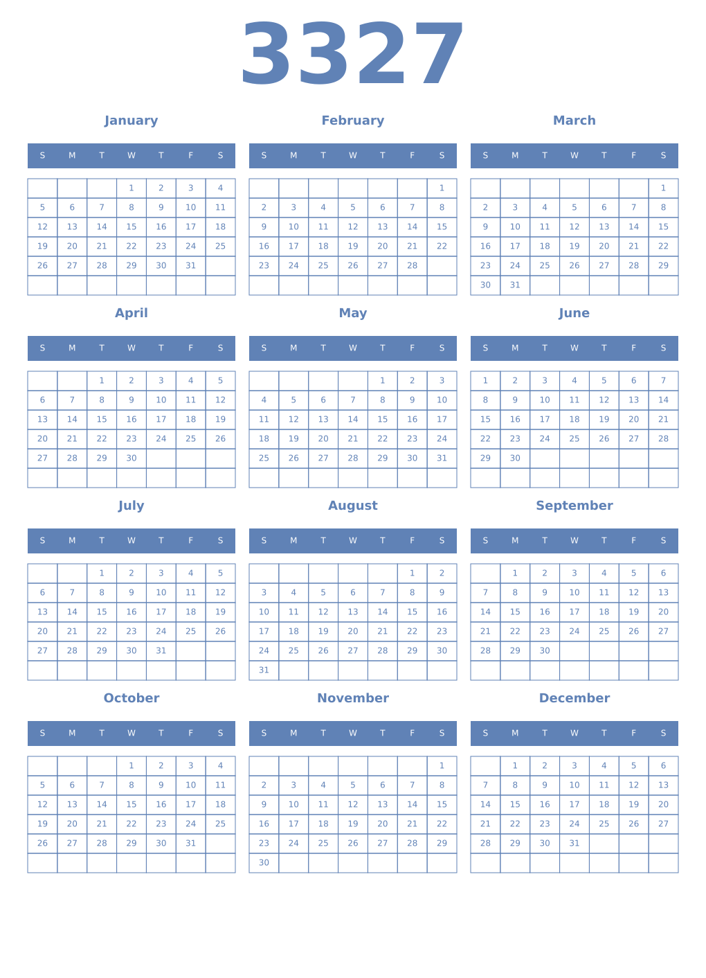 Printable 3327 Year Calendars glaucous