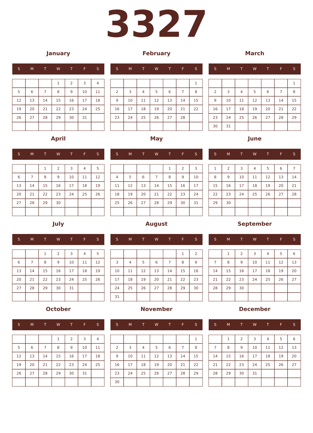 Printable 3327 Year Calendars mortuum