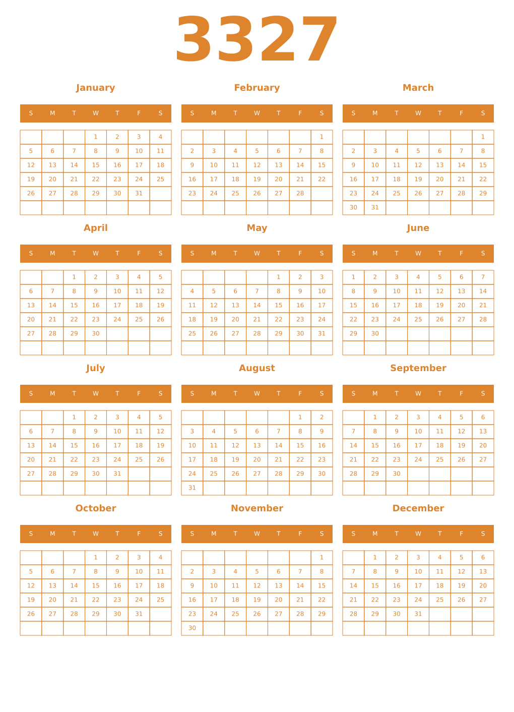 Printable 3327 Year Calendars orange