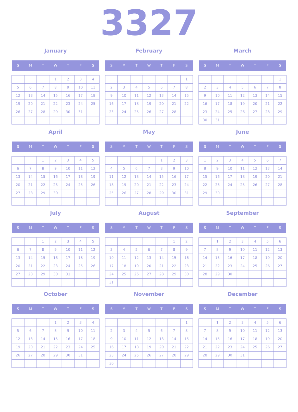 Printable 3327 Year Calendars periwinkle