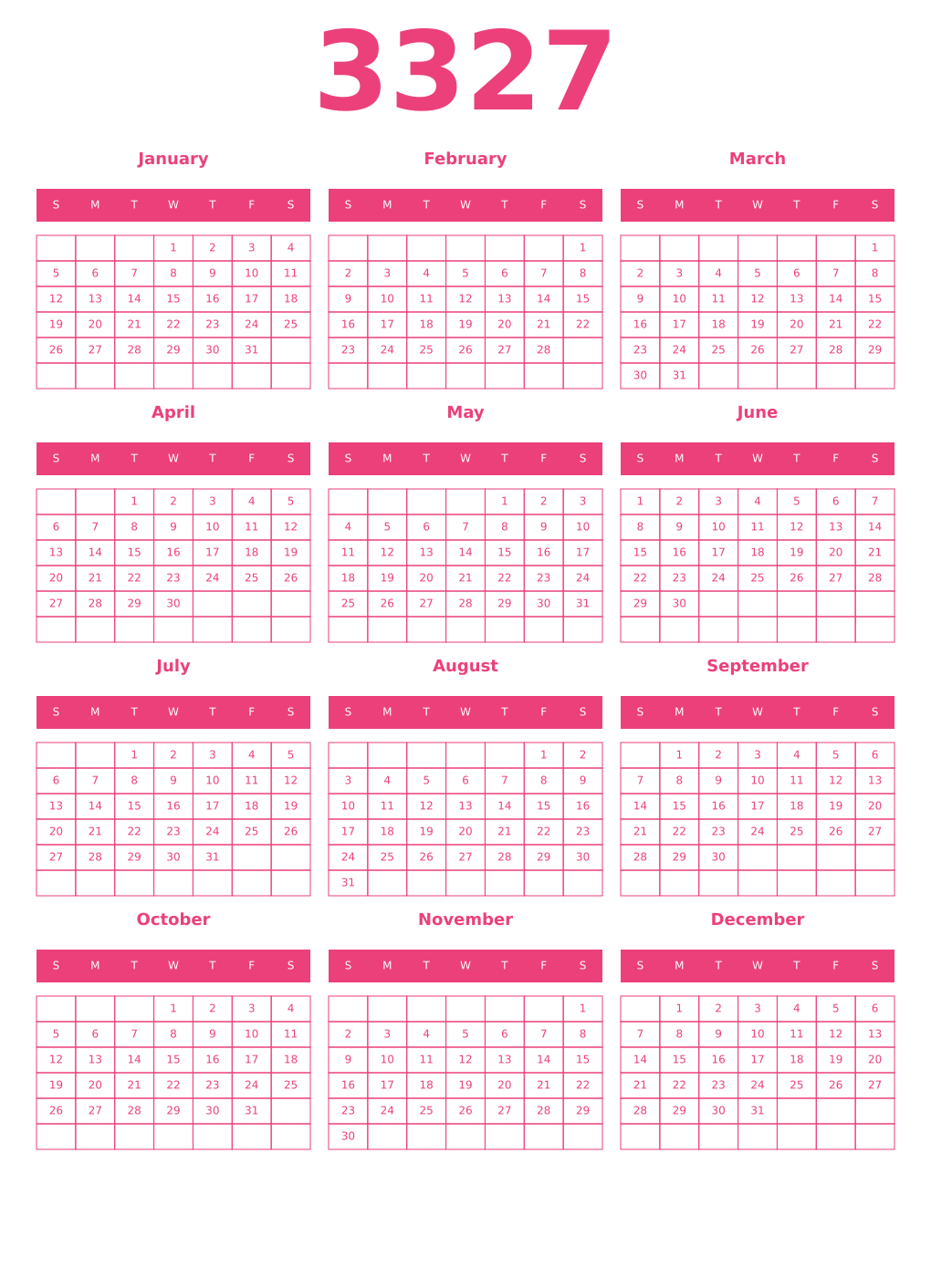 Printable 3327 Year Calendars pink