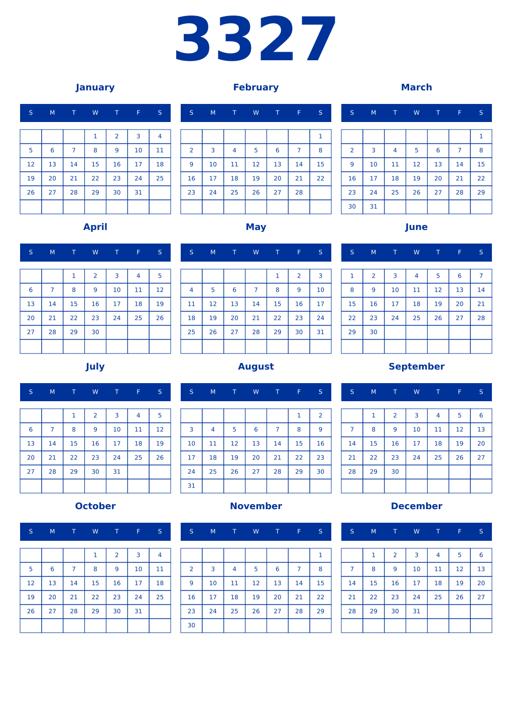 Printable 3327 Year Calendars smalt