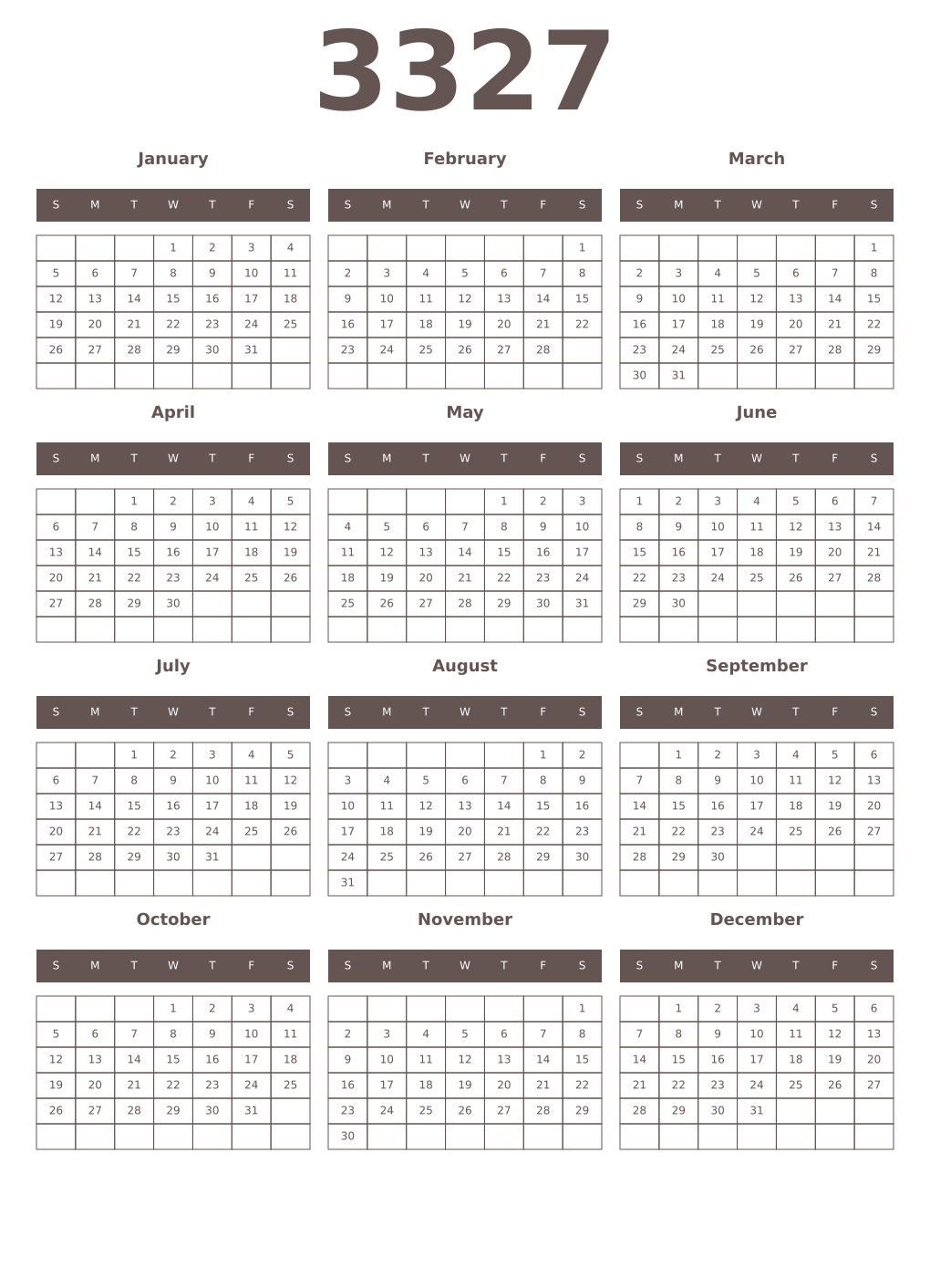 Printable 3327 Year Calendars wenge