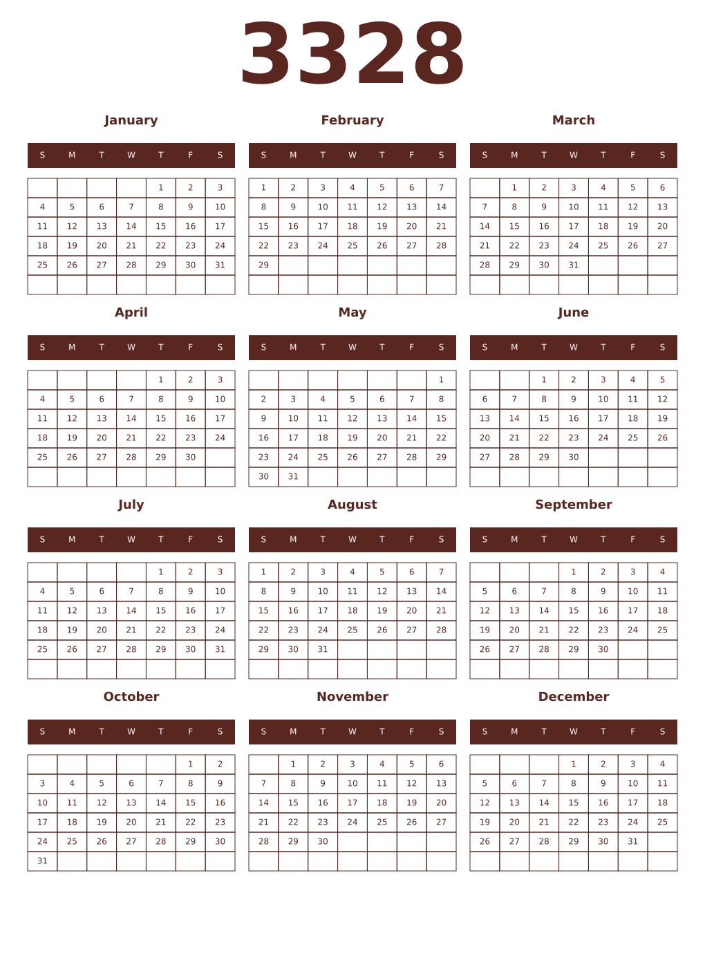 Printable 3328 Year Calendars mortuum