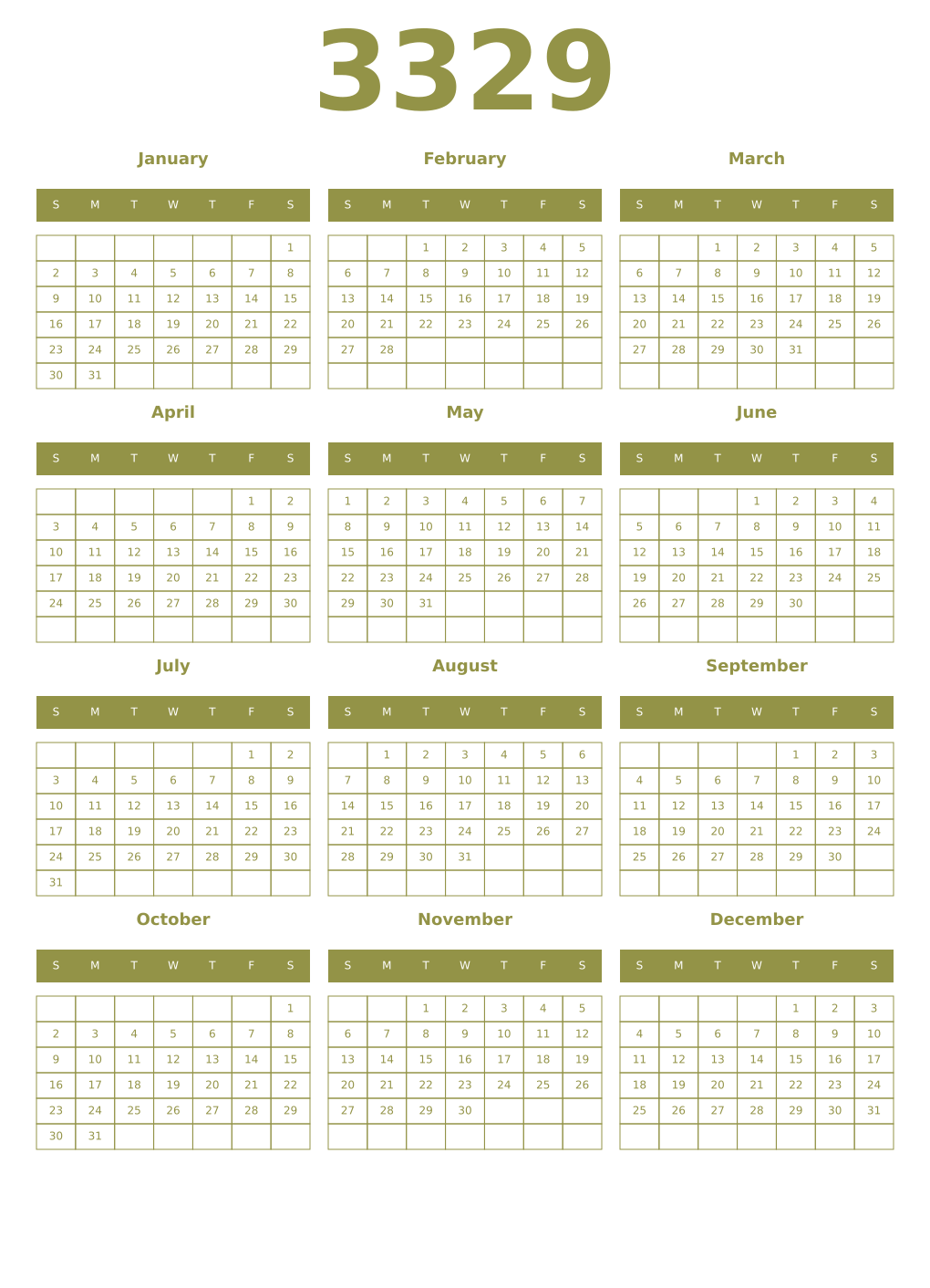 Printable 3329 Year Calendars eburnean