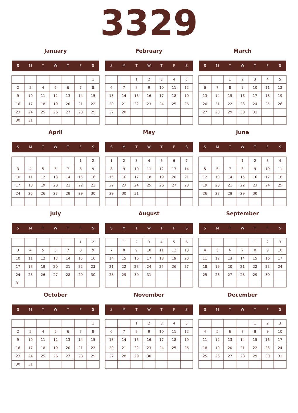 Printable 3329 Year Calendars mortuum