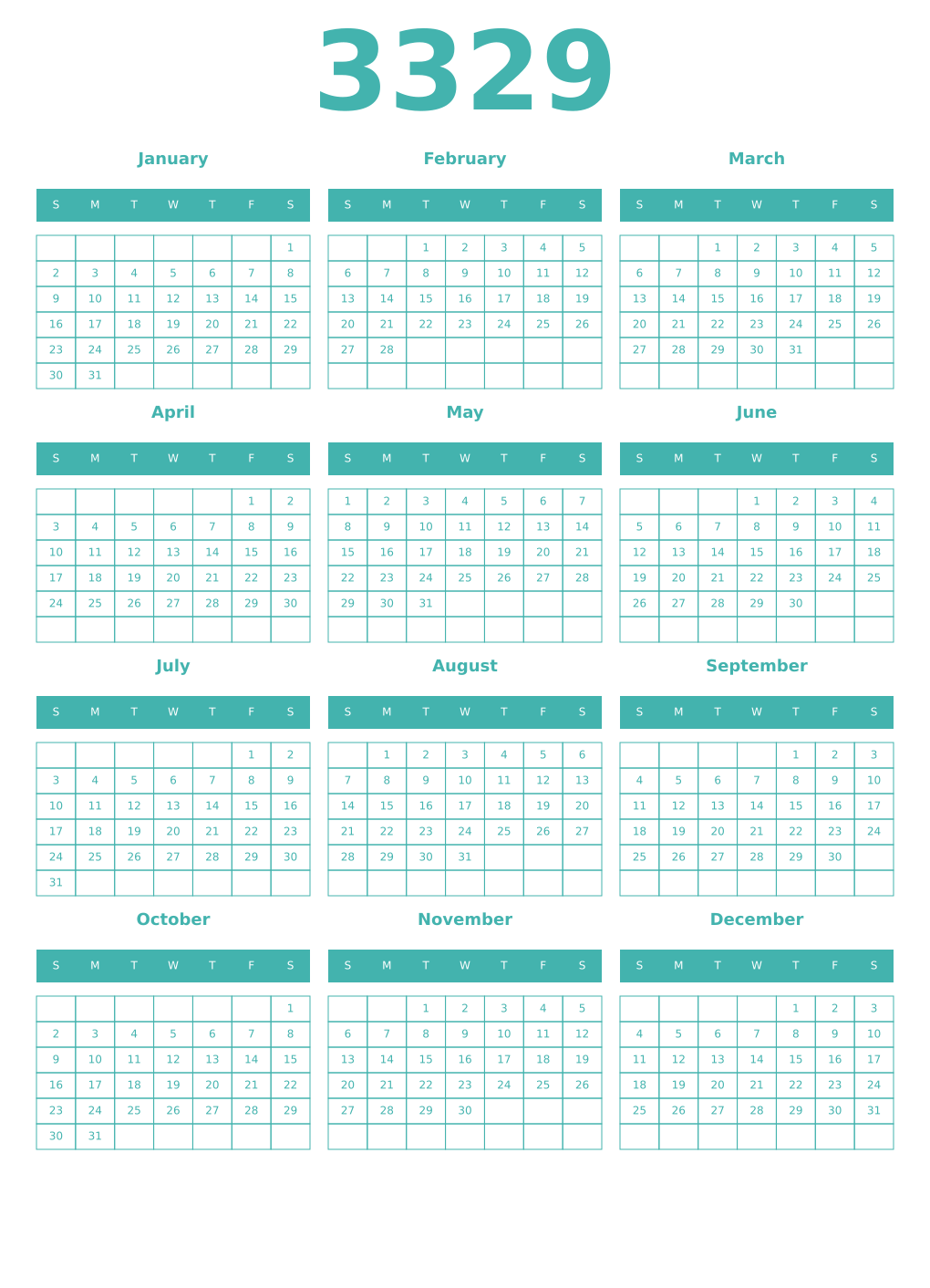 Printable 3329 Year Calendars verdigris