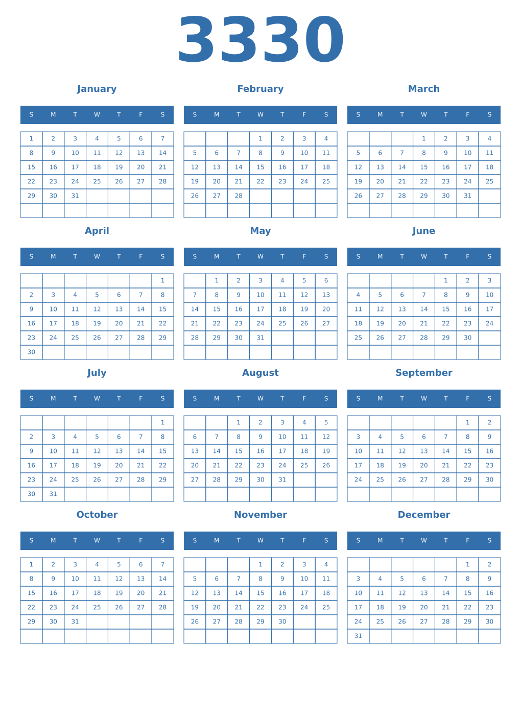 Printable 3330 Year Calendars blue