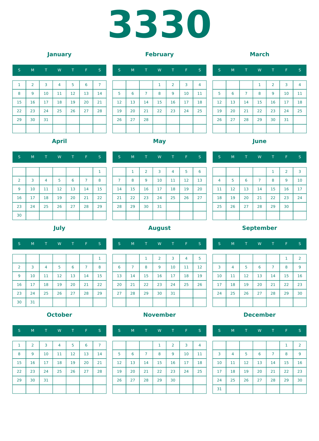 Printable 3330 Year Calendars pastel