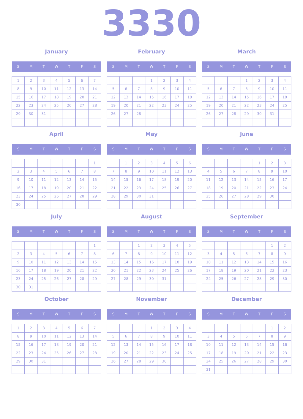 Printable 3330 Year Calendars periwinkle