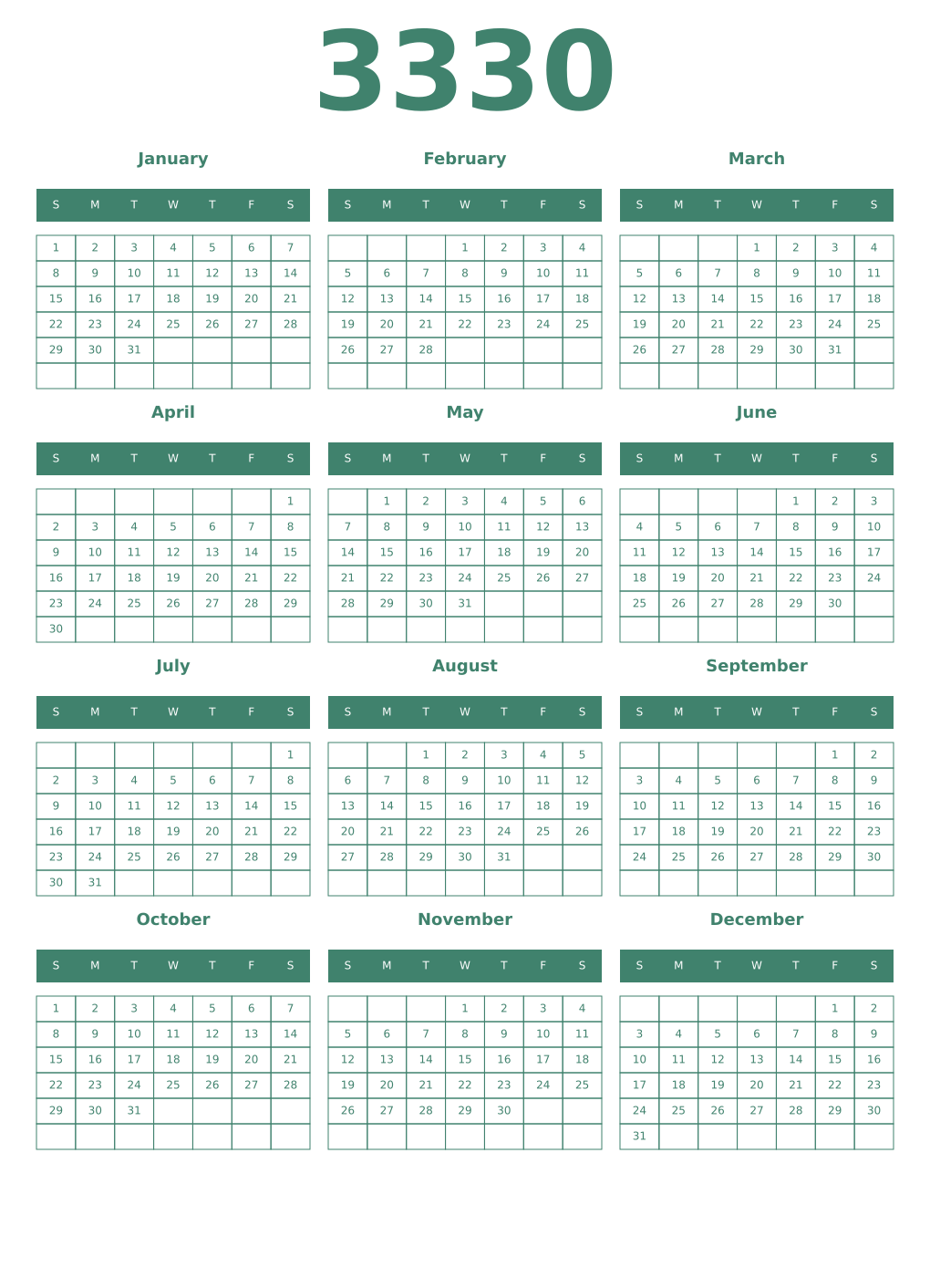 Printable 3330 Year Calendars viridian