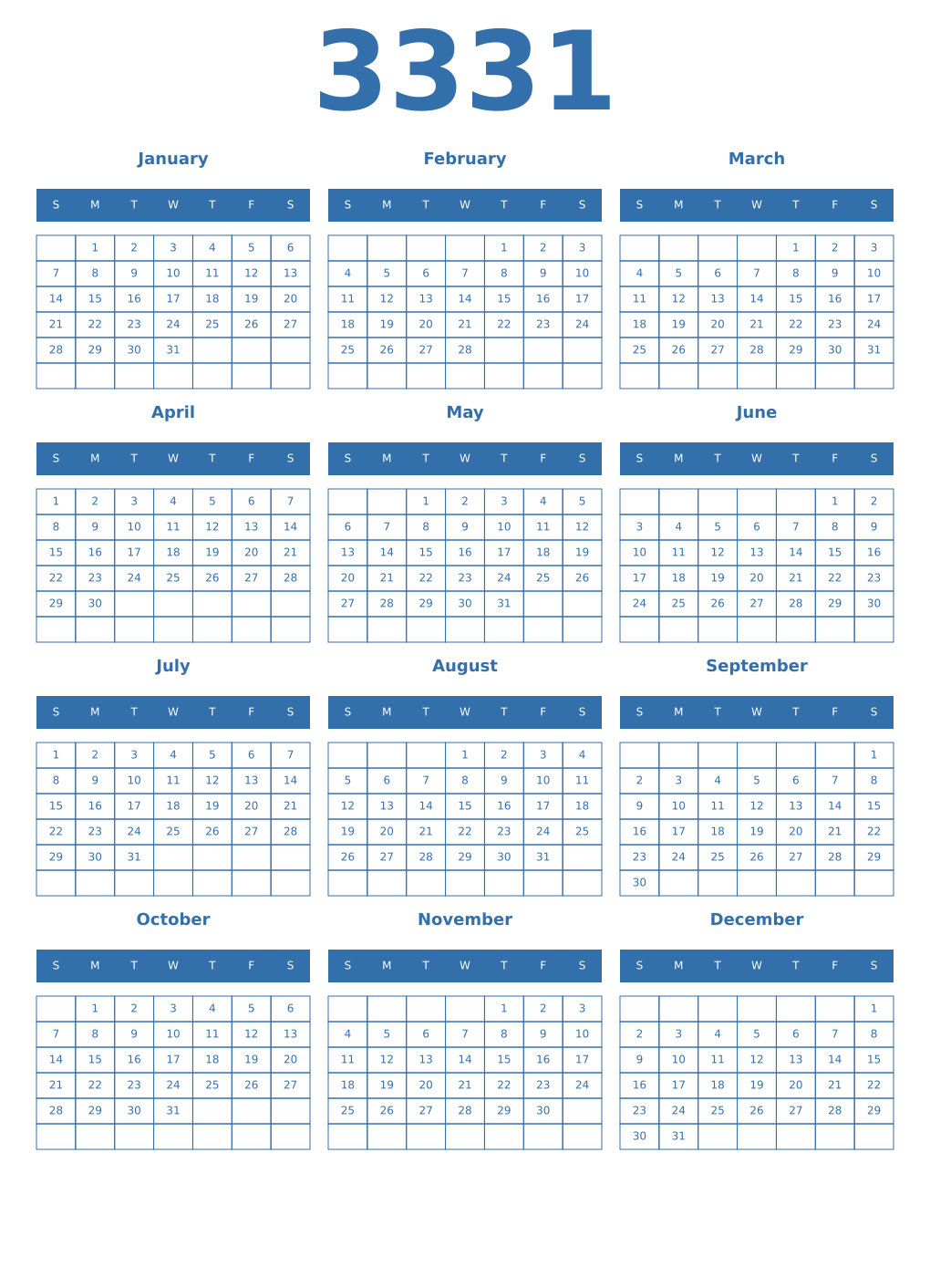 Printable 3331 Year Calendars blue