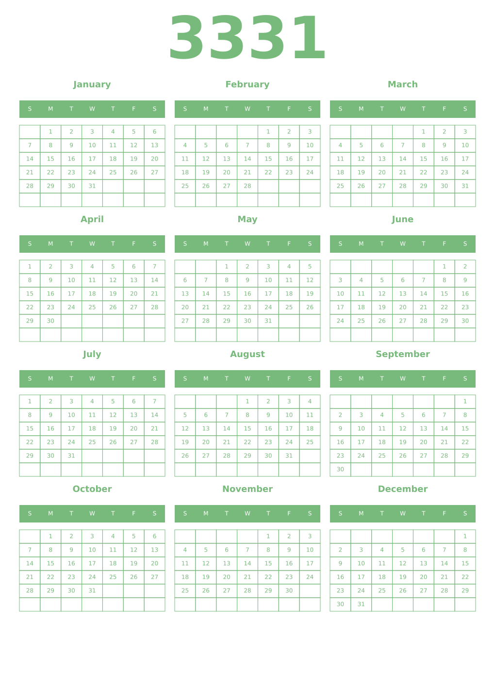 Printable 3331 Year Calendars celadon