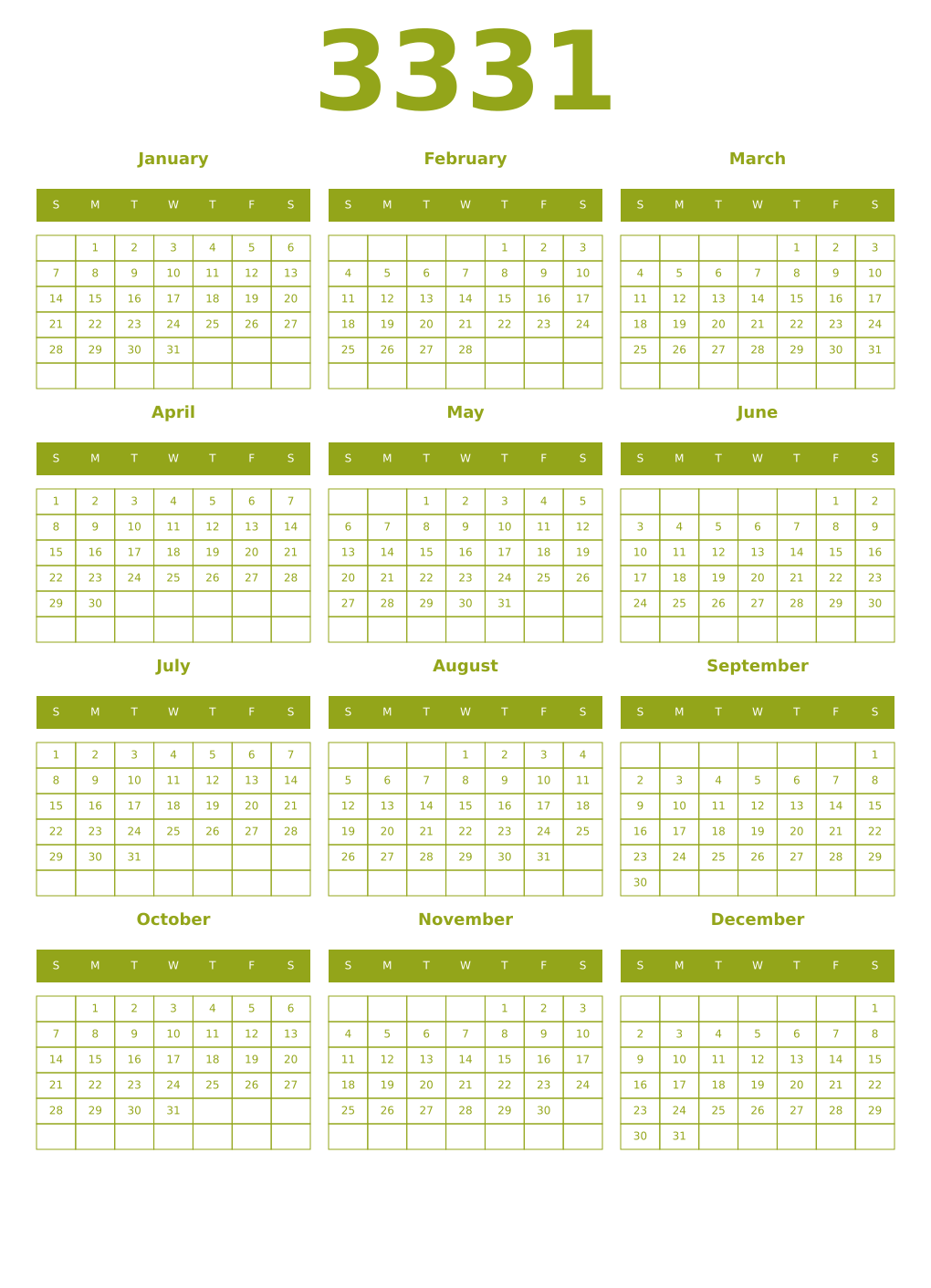 Printable 3331 Year Calendars chartreuse