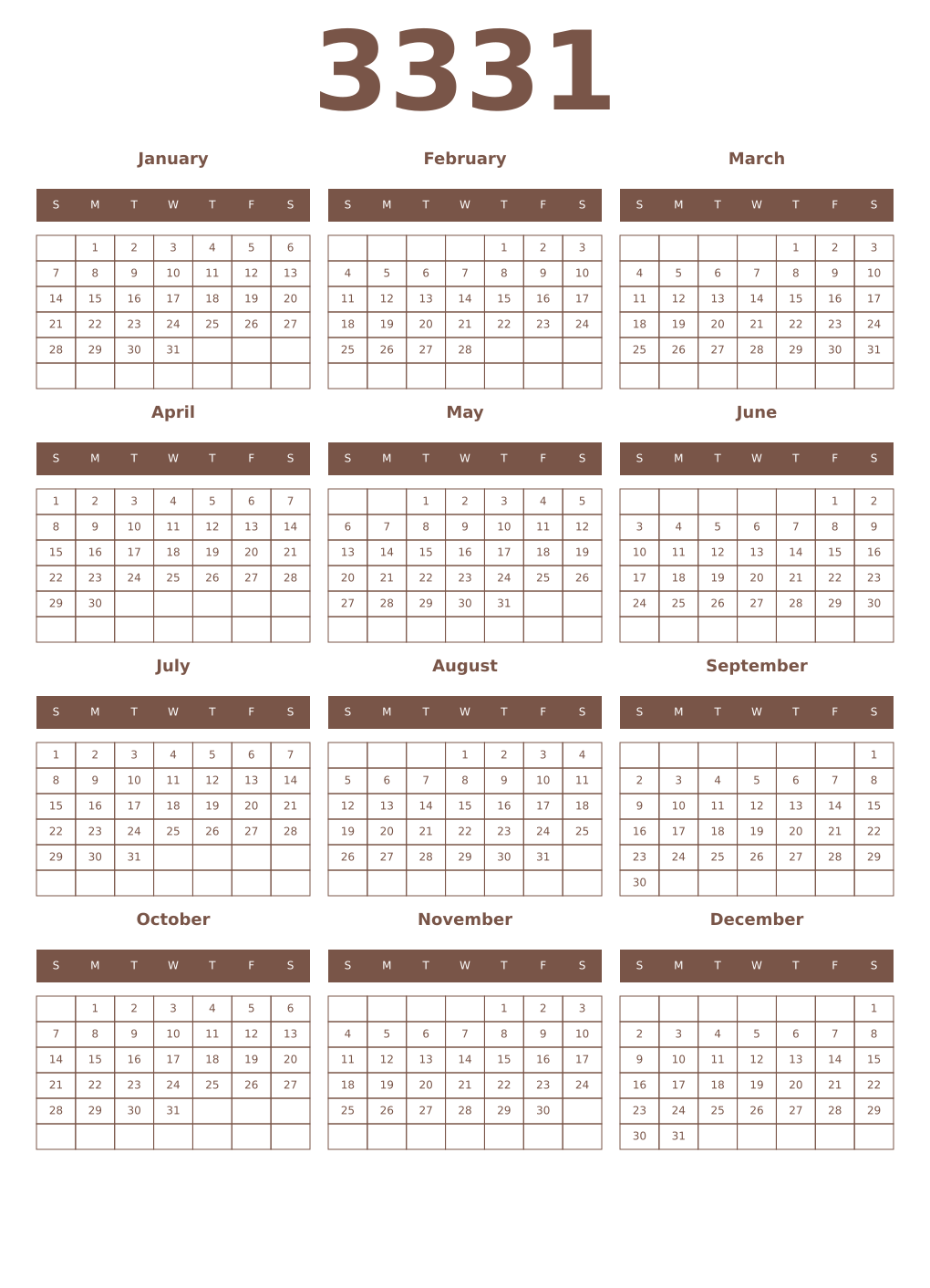 Printable 3331 Year Calendars coffe