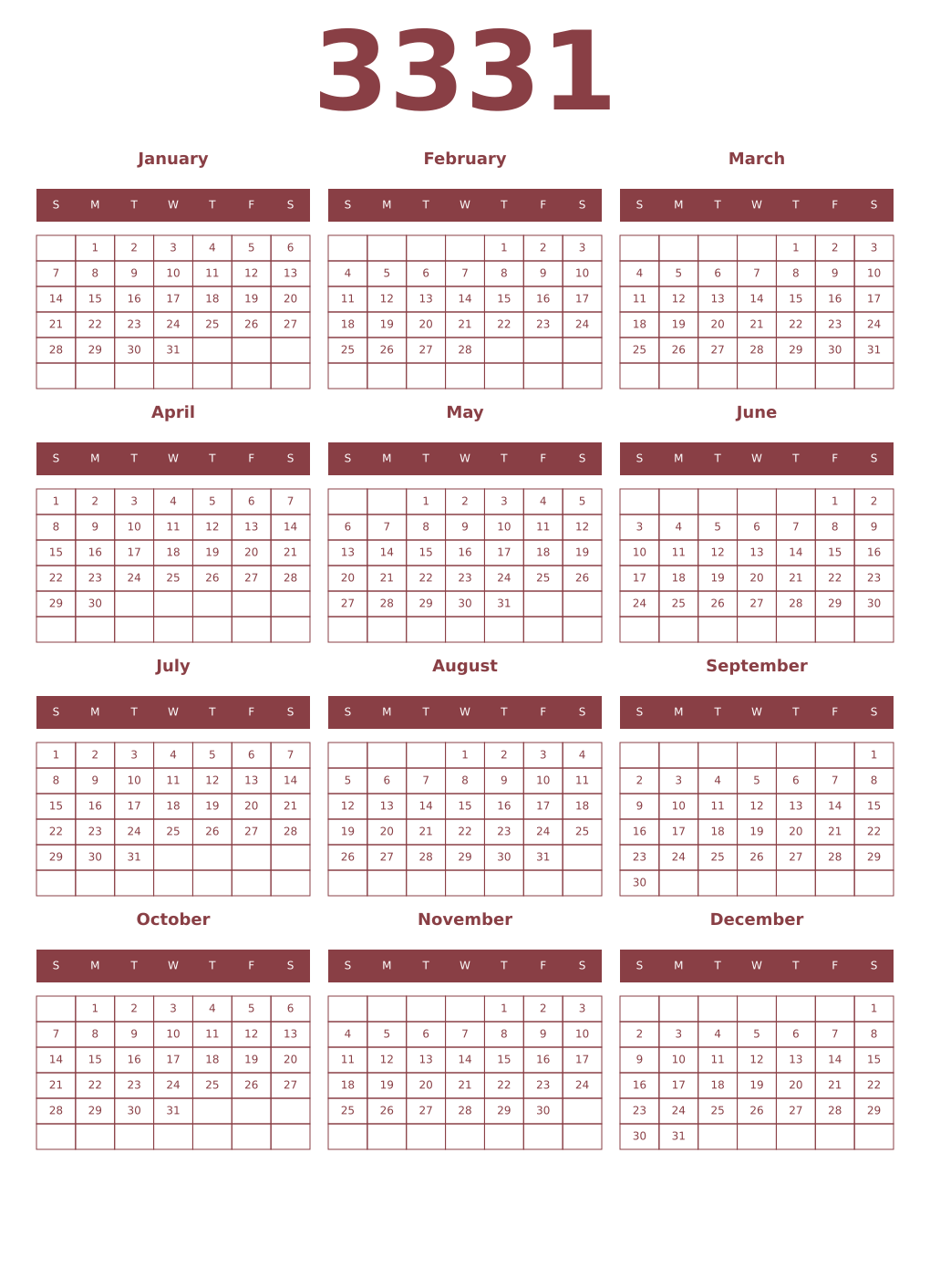 Printable 3331 Year Calendars cordovan