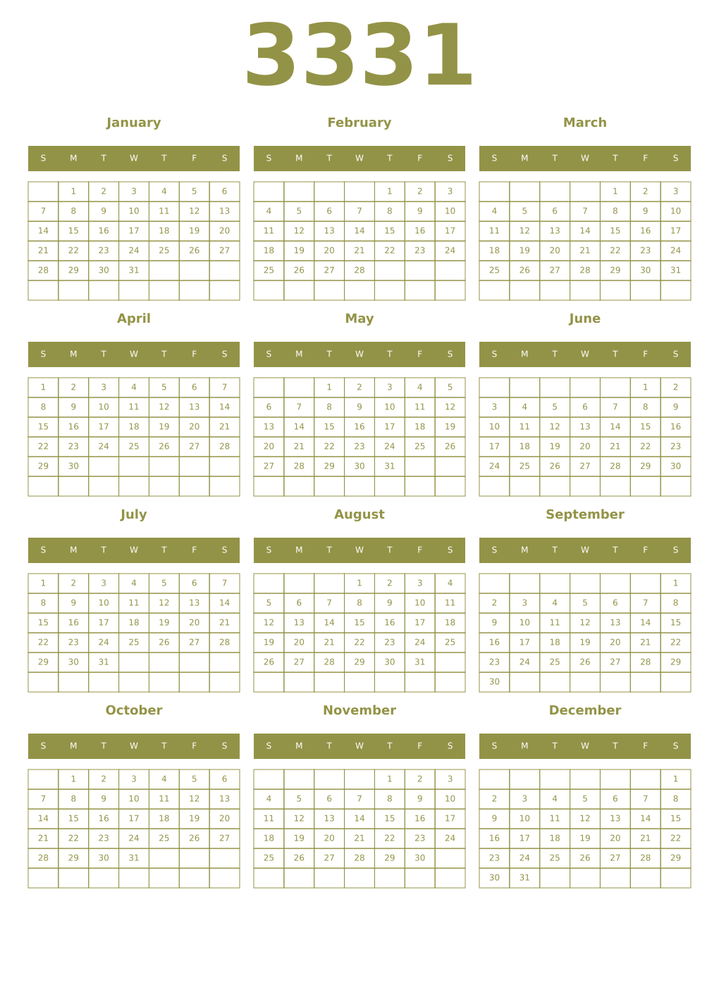 Printable 3331 Year Calendars eburnean