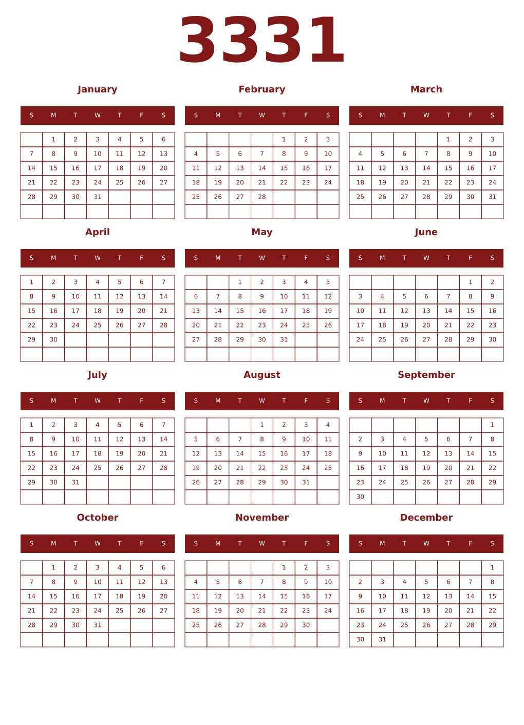 Printable 3331 Year Calendars falu
