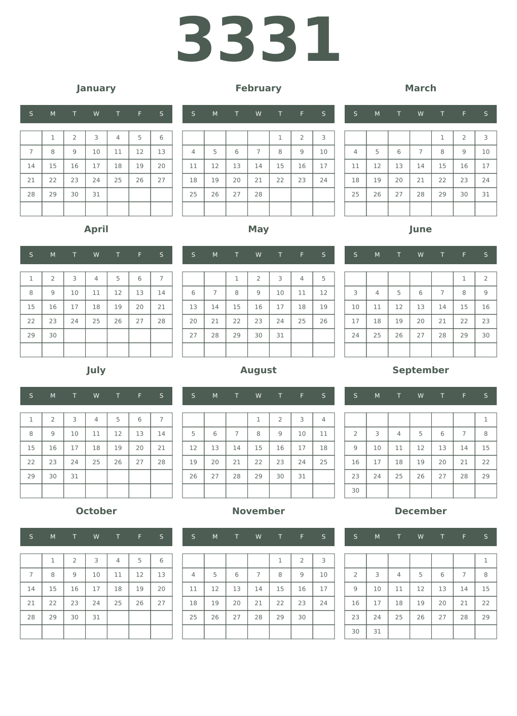 Printable 3331 Year Calendars feldgrau