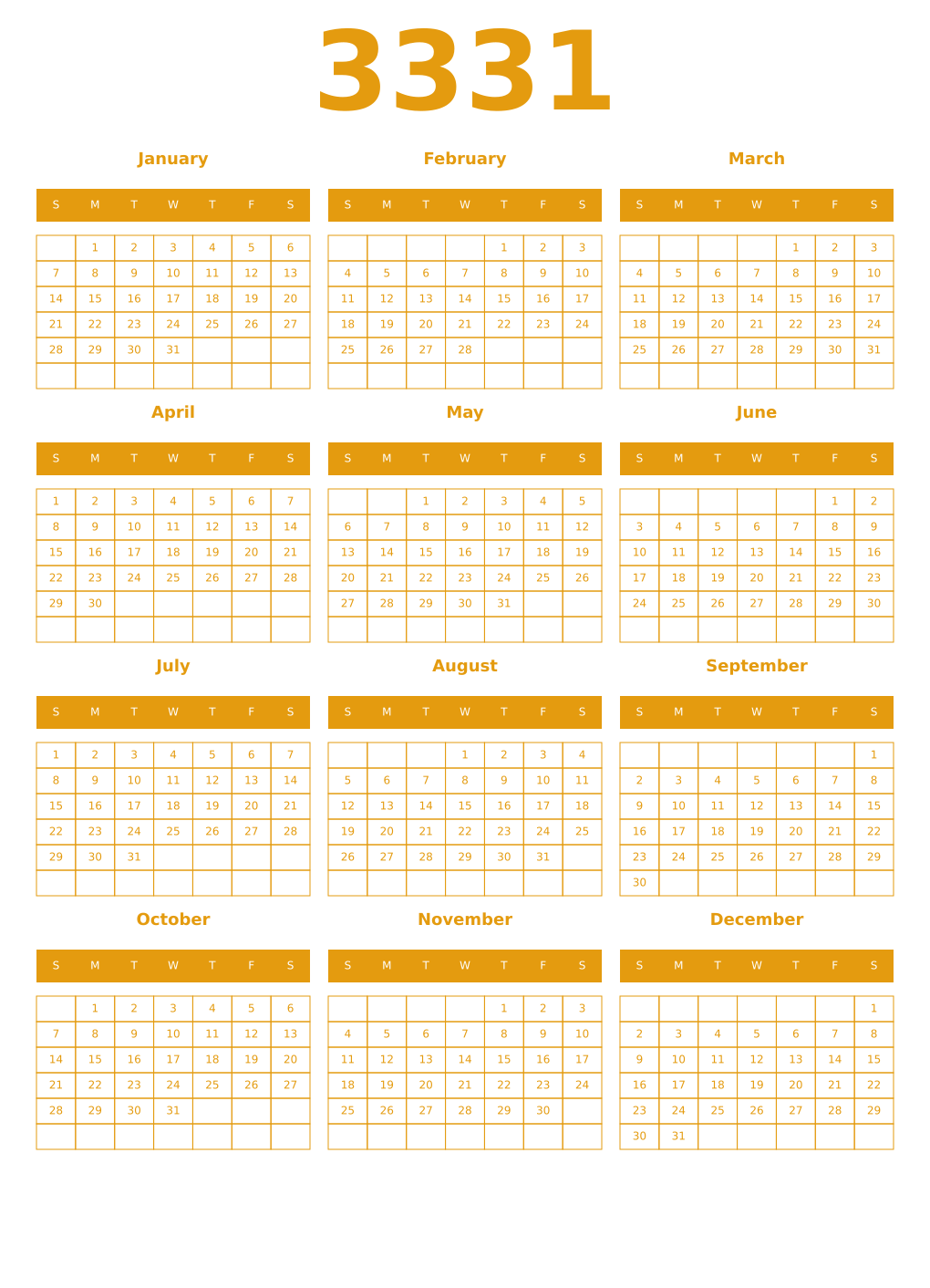 Printable 3331 Year Calendars gamboge