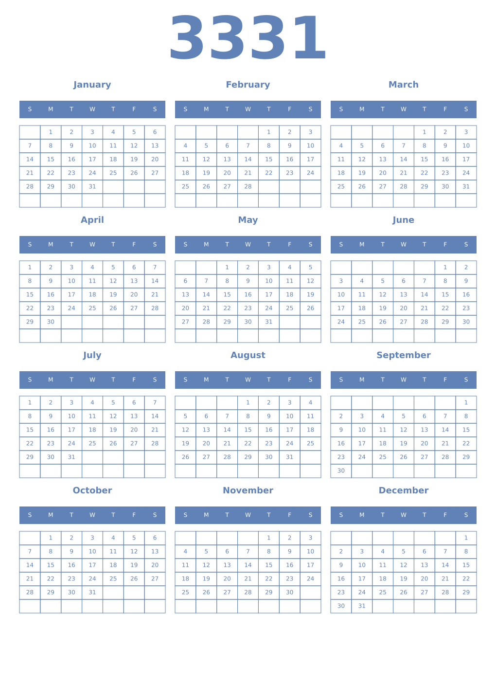 Printable 3331 Year Calendars glaucous