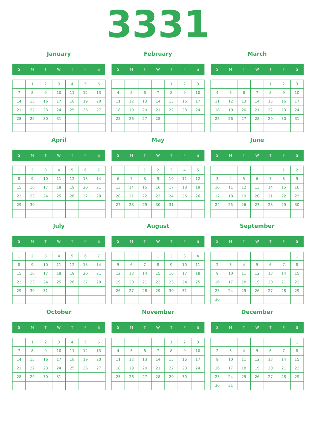 Printable 3331 Year Calendars green