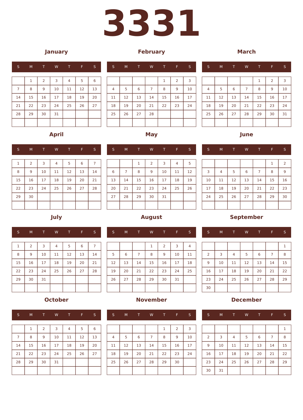 Printable 3331 Year Calendars mortuum