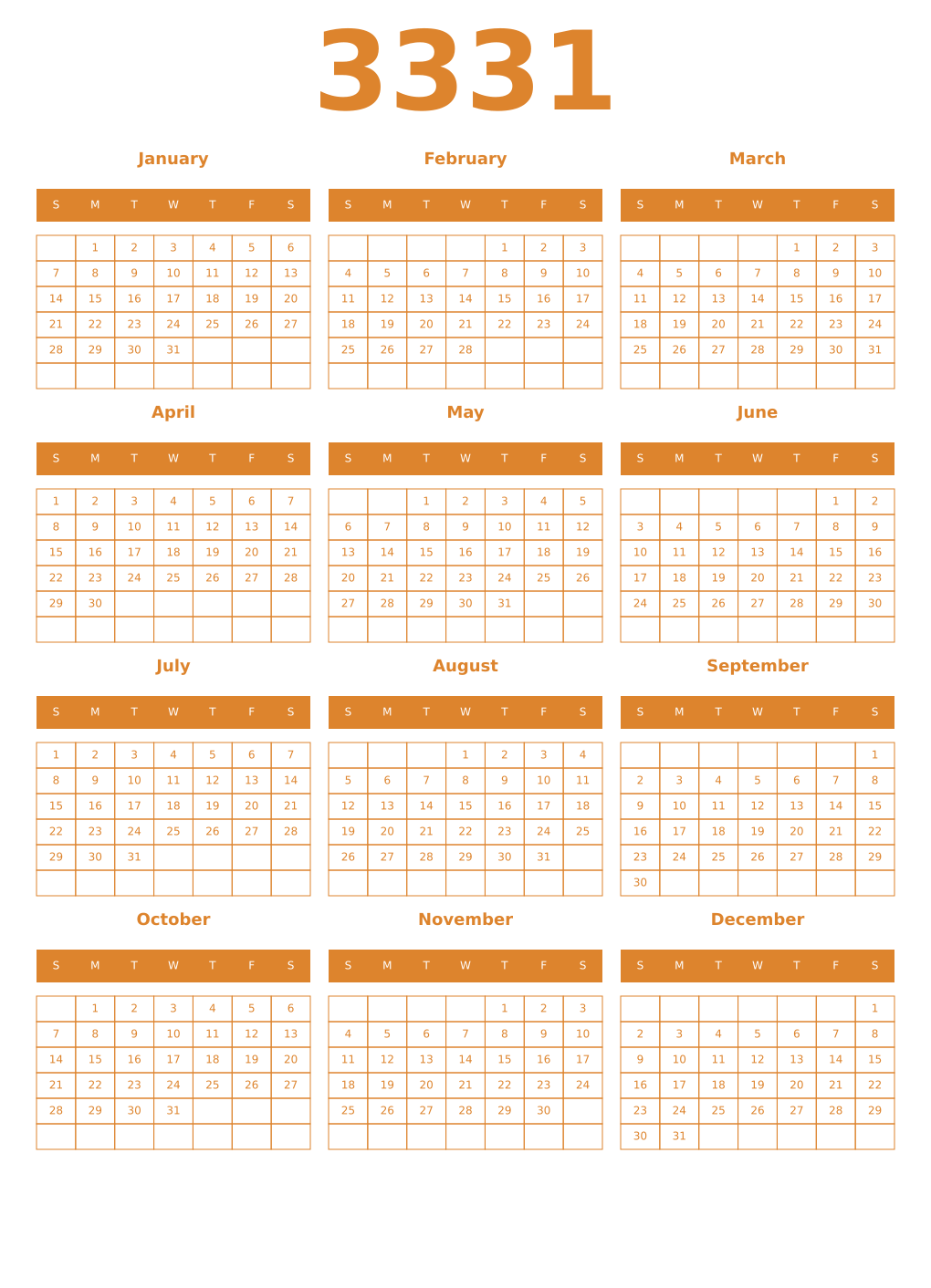 Printable 3331 Year Calendars orange