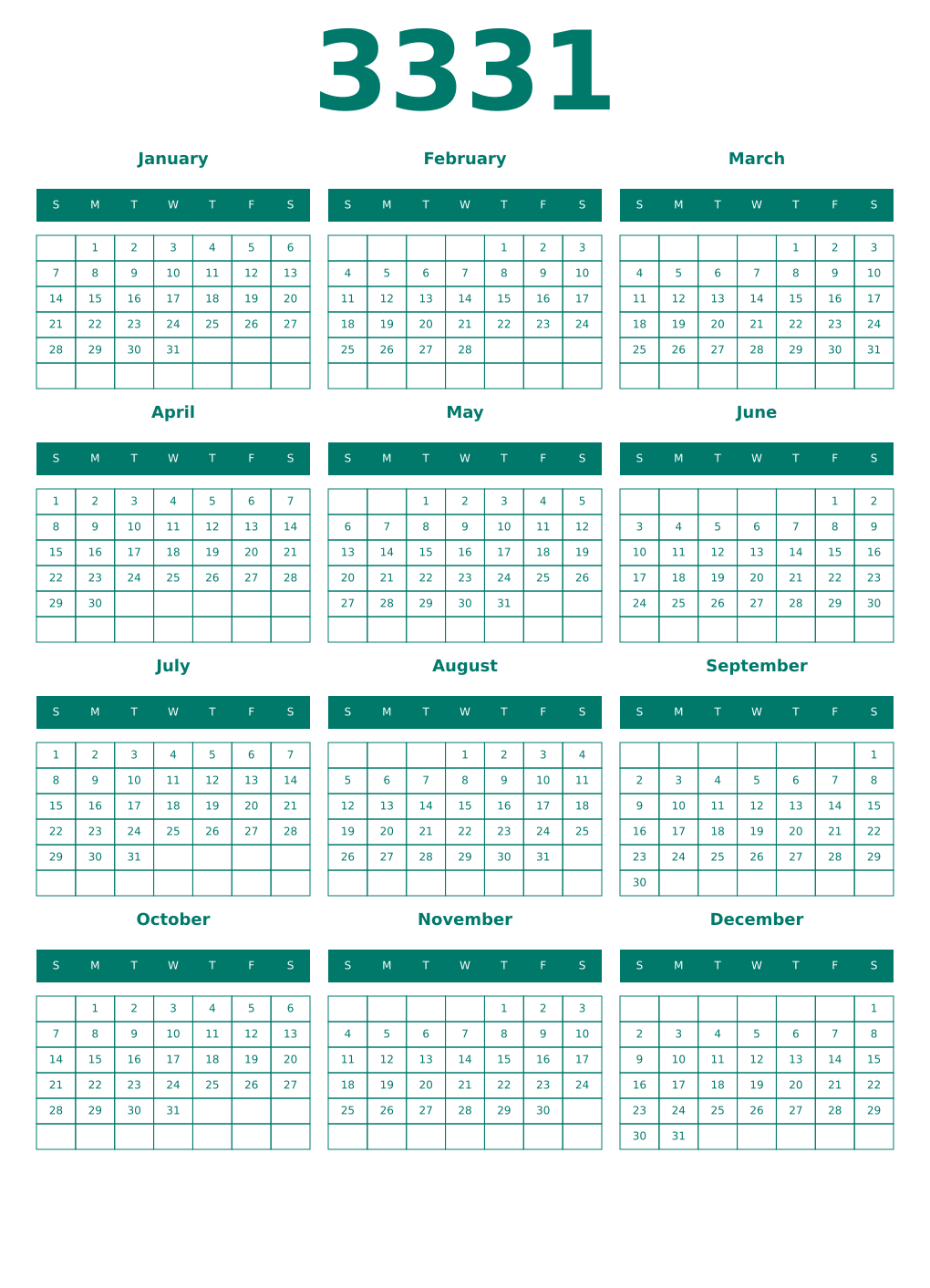 Printable 3331 Year Calendars pastel