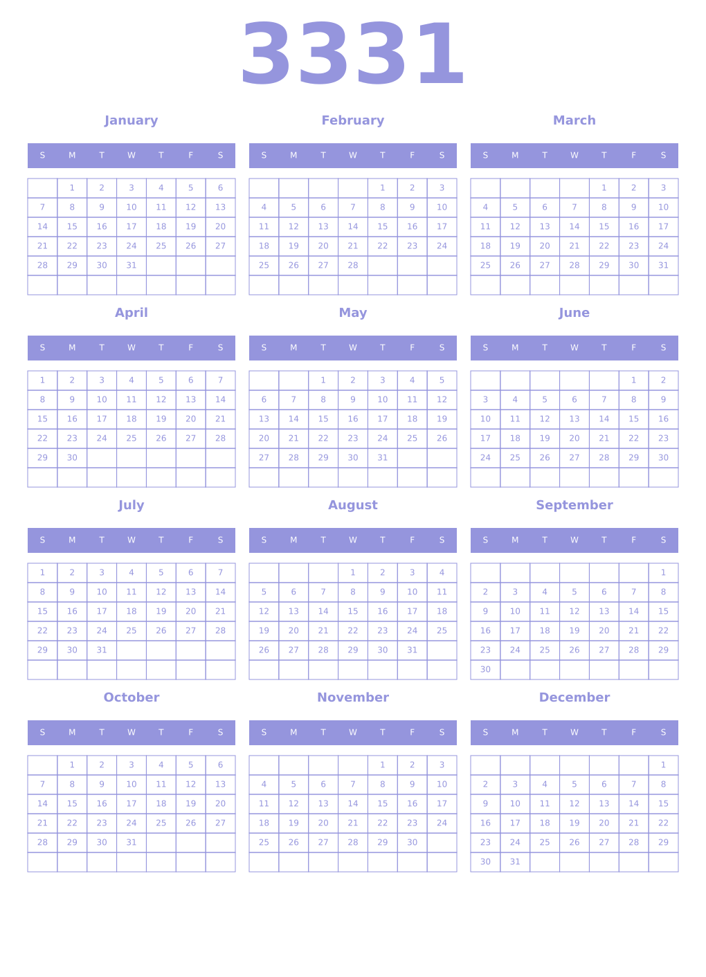 Printable 3331 Year Calendars periwinkle